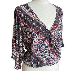 InTu Boho Surplice Faux Wrap Blouse Bell Sleeve Crochet Trim Peasant Festival-L